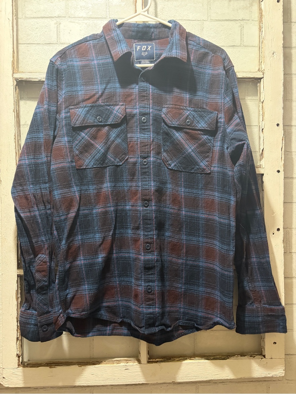 Fox Racing Men's Plaid Flannel Button Down Shirt Blue Burgundy Size Medium